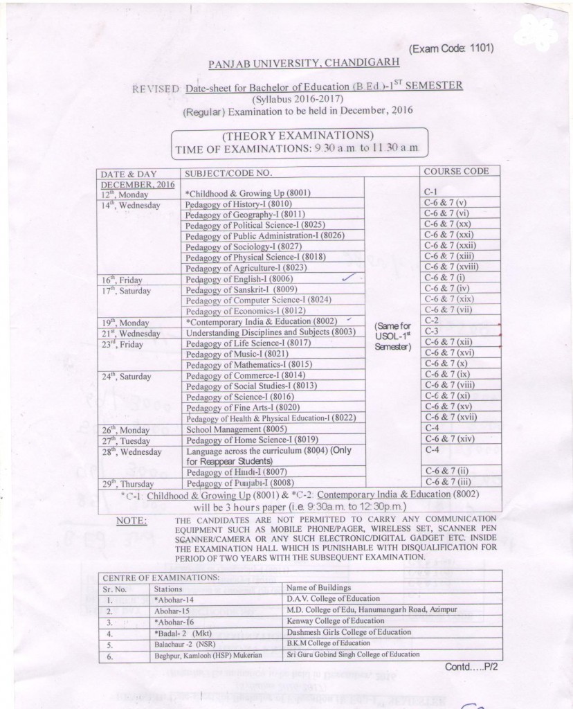 Revised: Date Sheet for B.Ed. 1st Semester December, 2016 Revised: Date Sheet for B.Ed. 1st Semester December, 2016